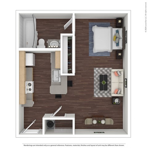 a stylized floor plan with a bedroom and a bathroom